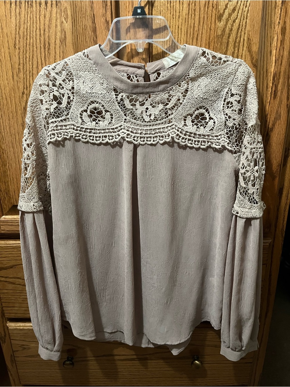 Altar'd State Taupe Lace Yoke Blouse